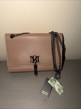 Badgley Mischka Taupe Leather Chain Shoulder Bag with Tassel